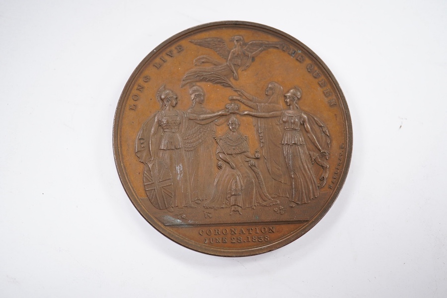 British Royal commemorative medals, Victoria Coronation 1838, copper medal, by Thomas Halliday, bust l., hair in chignon, VICTORIA QUEEN OF GREAT BRITAIN, rev. the Queen crowned by figures of the three kingdoms, Fame fli